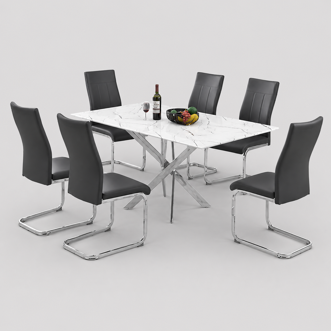 Sorello 7-Piece Dinette Set – White Marble Glass Table with Chrome Legs & Grey PU Chairs