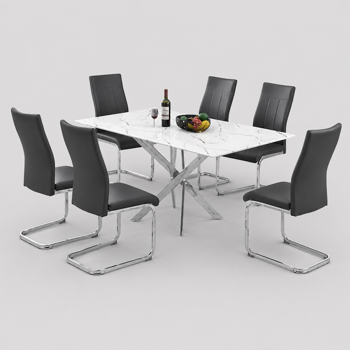 Sorello 7-Piece Dinette Set – White Marble Glass Table with Chrome Legs & Grey PU Chairs