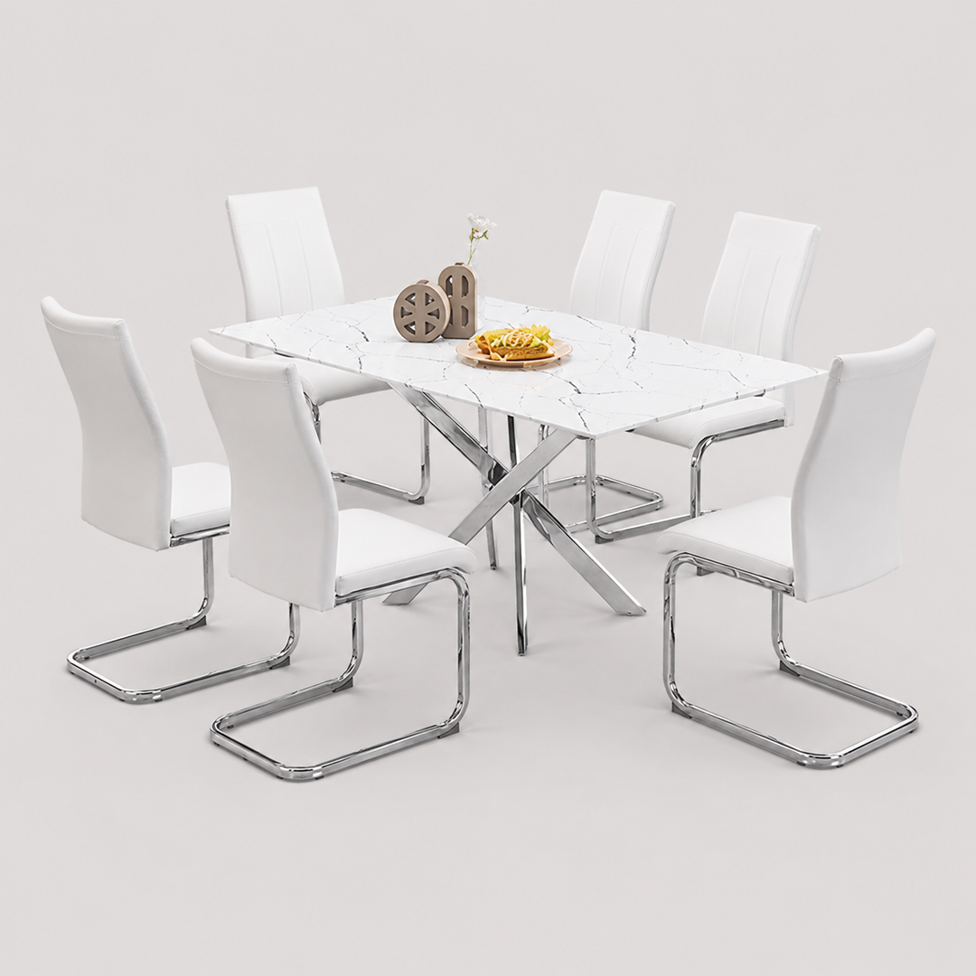 Sorello 7-Piece Dinette Set – White Marble Glass Table with Chrome Legs & White PU Chairs