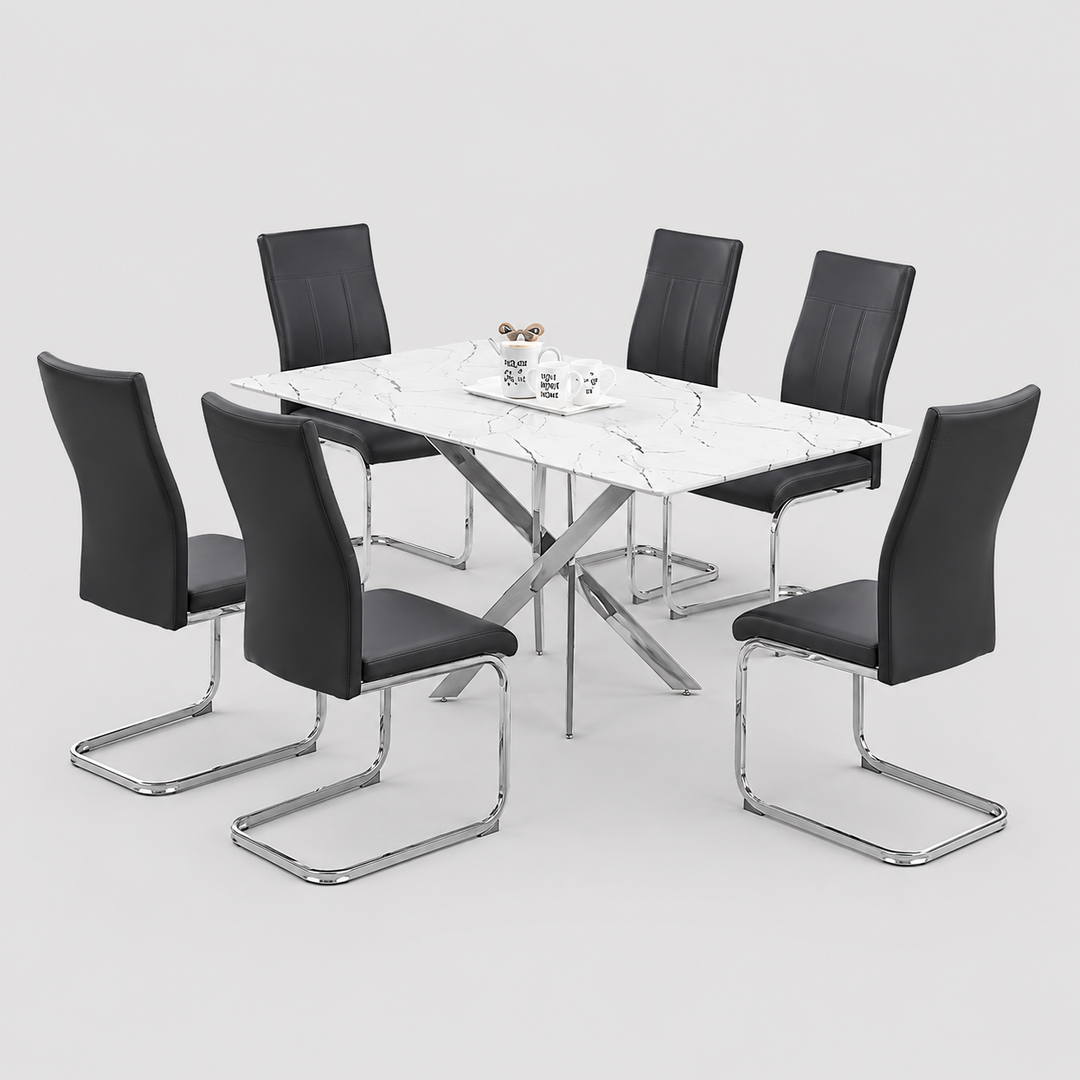 Sorello 7-Piece Dinette Set – White Marble Glass Table with Chrome Legs & Black PU Chairs