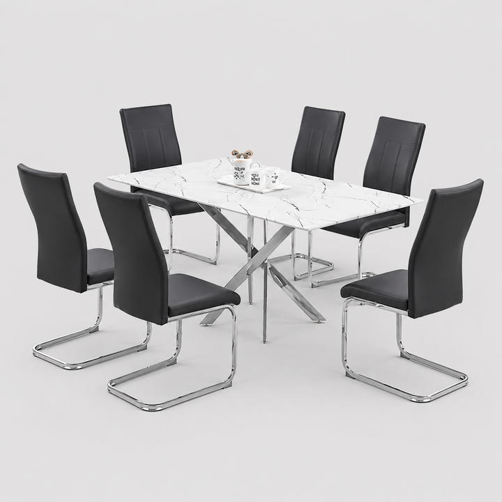 Sorello 7-Piece Dinette Set – White Marble Glass Table with Chrome Legs & Black PU Chairs