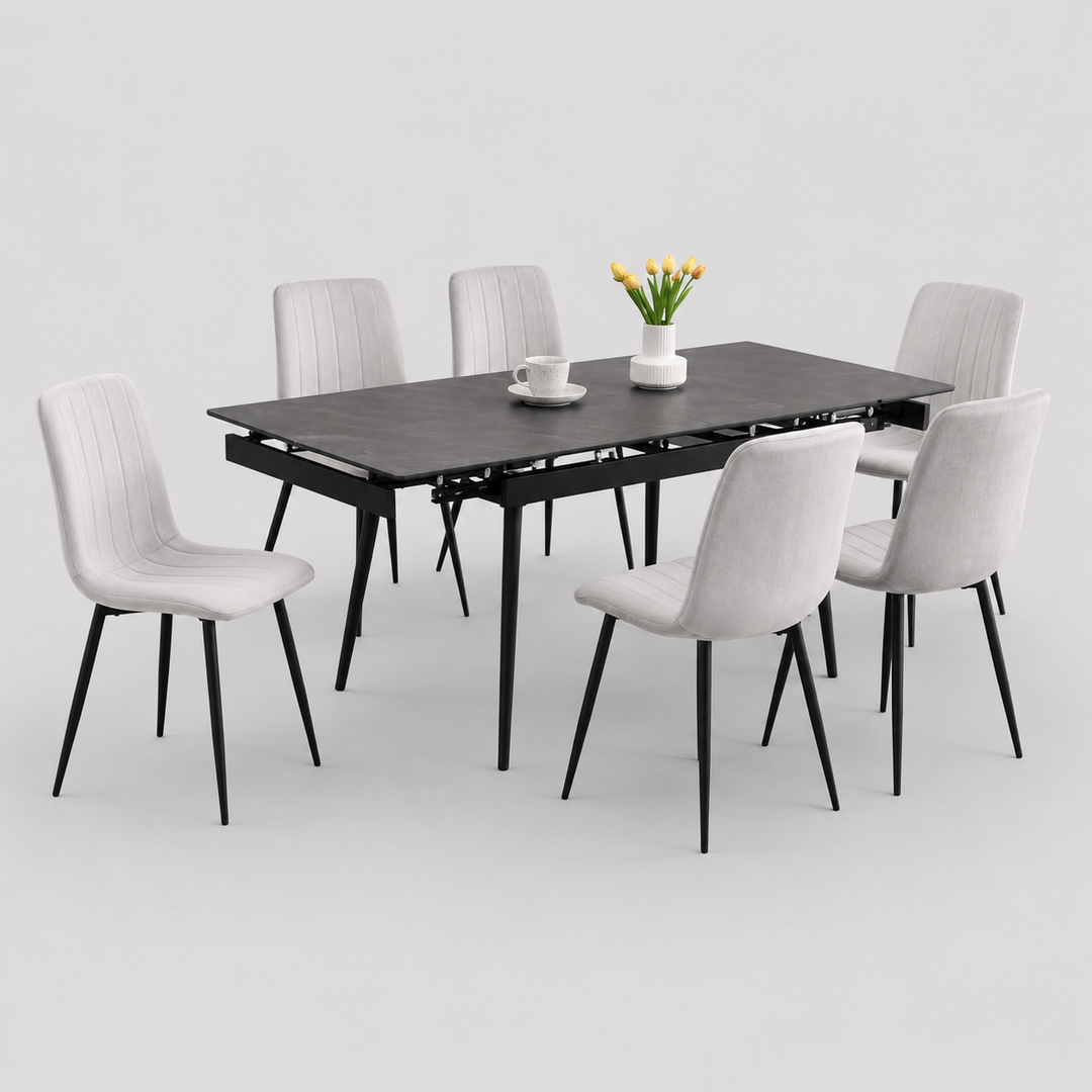 Liorvex 7-Piece Dinette Set – Sintered Stone Marble Extension Table with Black Steel Legs & Light Grey Velvet Chairs