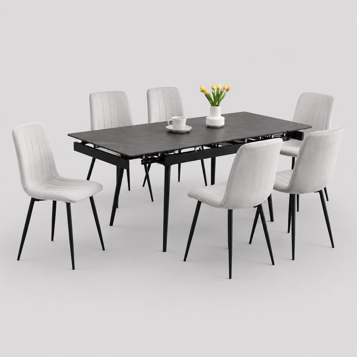 Liorvex 7-Piece Dinette Set – Sintered Stone Marble Extension Table with Black Steel Legs & Light Grey Velvet Chairs