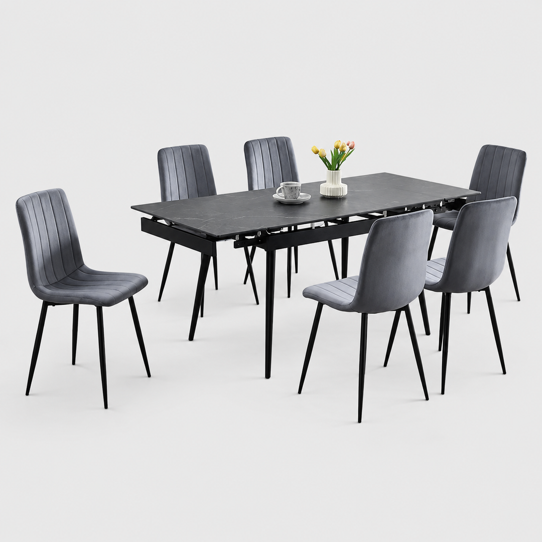 Liorvex 7-Piece Dinette Set – Sintered Stone Marble Extension Table with Black Steel Legs & Dark Grey Velvet Chairs