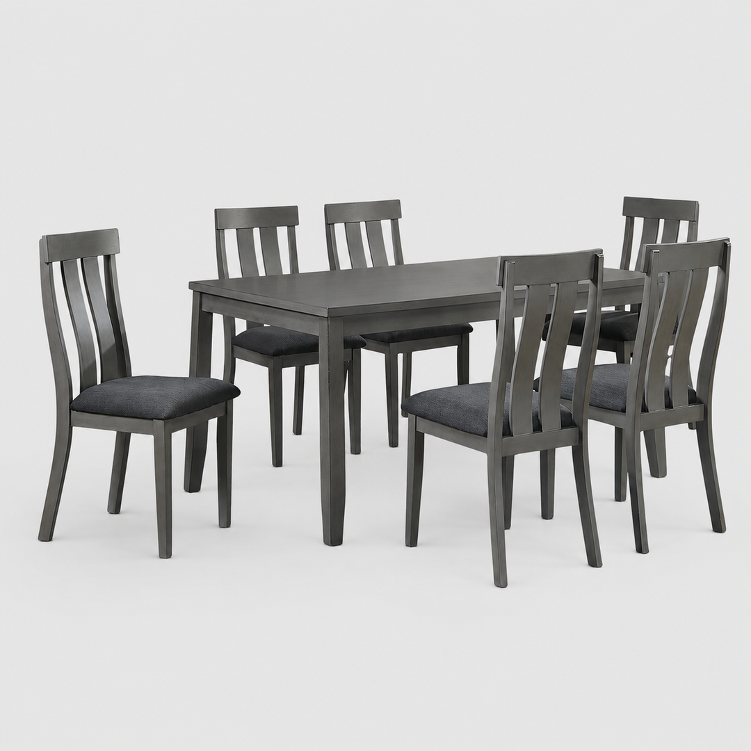 Maple Dining Table Set For 6 With Fabric Upholstered Chairs - Grey | Mid-Century Modern, Comfortable & Built to Last