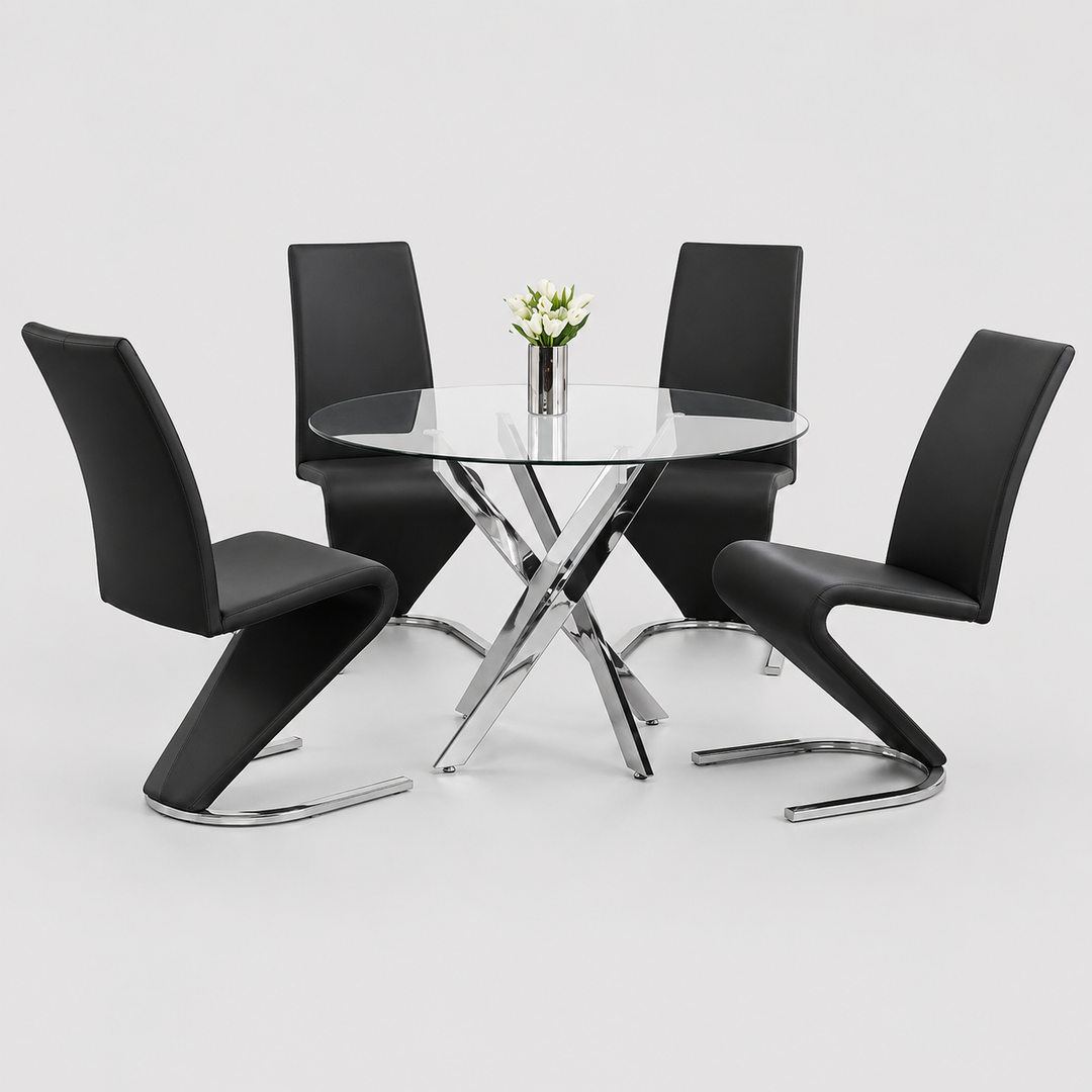Cortano 5-Piece Dinette Set – Tempered Clear Glass Table with Chrome Legs & Z-Shaped Black PU Chairs