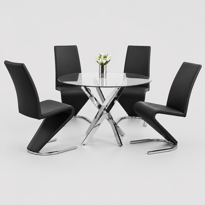Cortano 5-Piece Dinette Set – Tempered Clear Glass Table with Chrome Legs & Z-Shaped Black PU Chairs