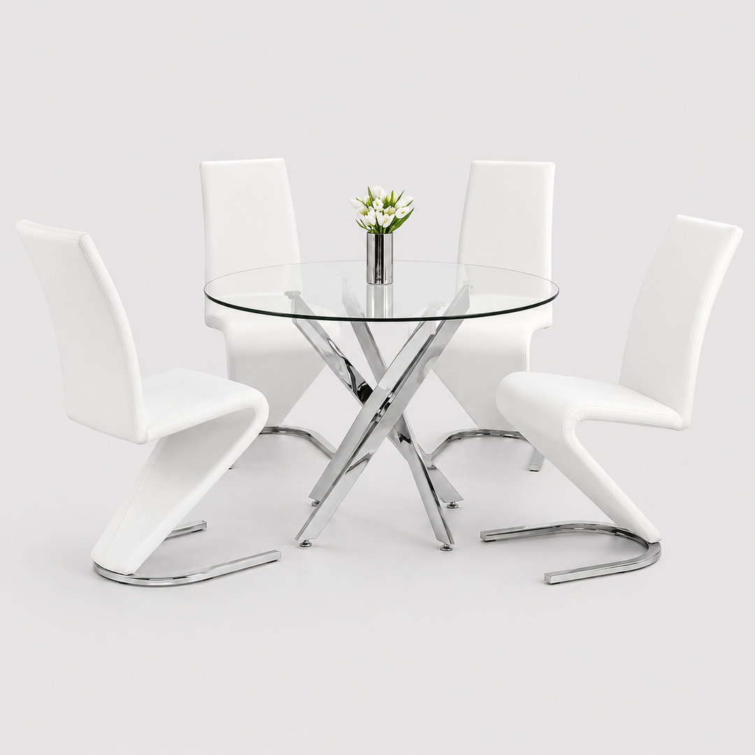 Cortano 5-Piece Dinette Set – Tempered Clear Glass Table with Chrome Legs & Z-Shaped White PU Chairs