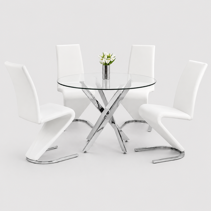 Cortano 5-Piece Dinette Set – Tempered Clear Glass Table with Chrome Legs & Z-Shaped White PU Chairs