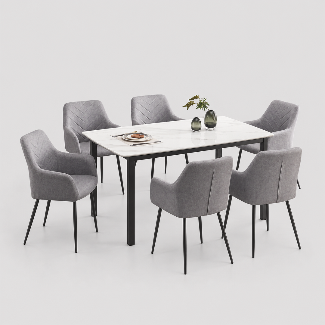 Dolviano 7-Piece Dinette Set – Sintered Stone White Marble Table with Black Steel Legs & Grey Fabric Chairs