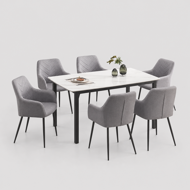 Dolviano 7-Piece Dinette Set – Sintered Stone White Marble Table with Black Steel Legs & Grey Fabric Chairs