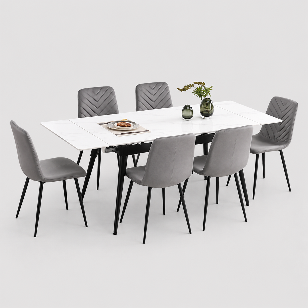 Calvona 7-Piece Dinette Set – Sintered Stone White Marble Extension Table with Black Steel Legs & Soft Grey Velvet Chairs