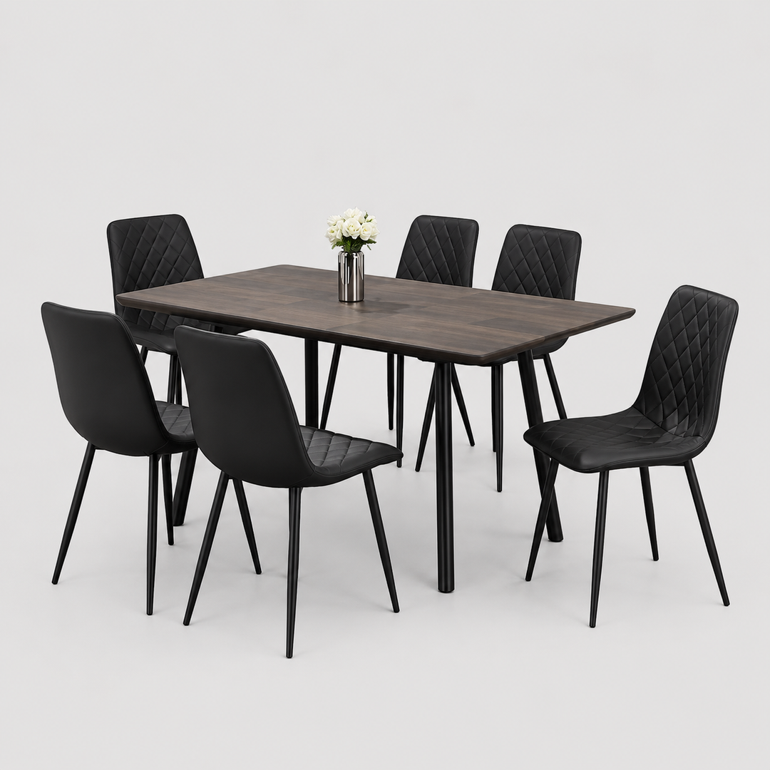 Arlina 7-Piece Dinette Set – Wooden Extension Table with Black Metal Legs & Black PU Chairs