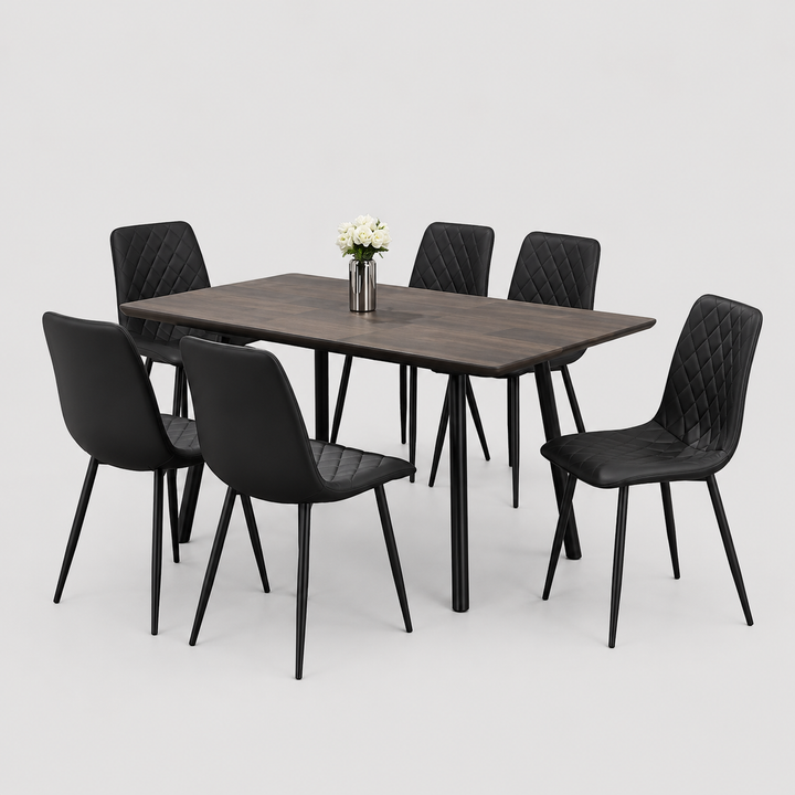 Arlina 7-Piece Dinette Set – Wooden Extension Table with Black Metal Legs & Black PU Chairs