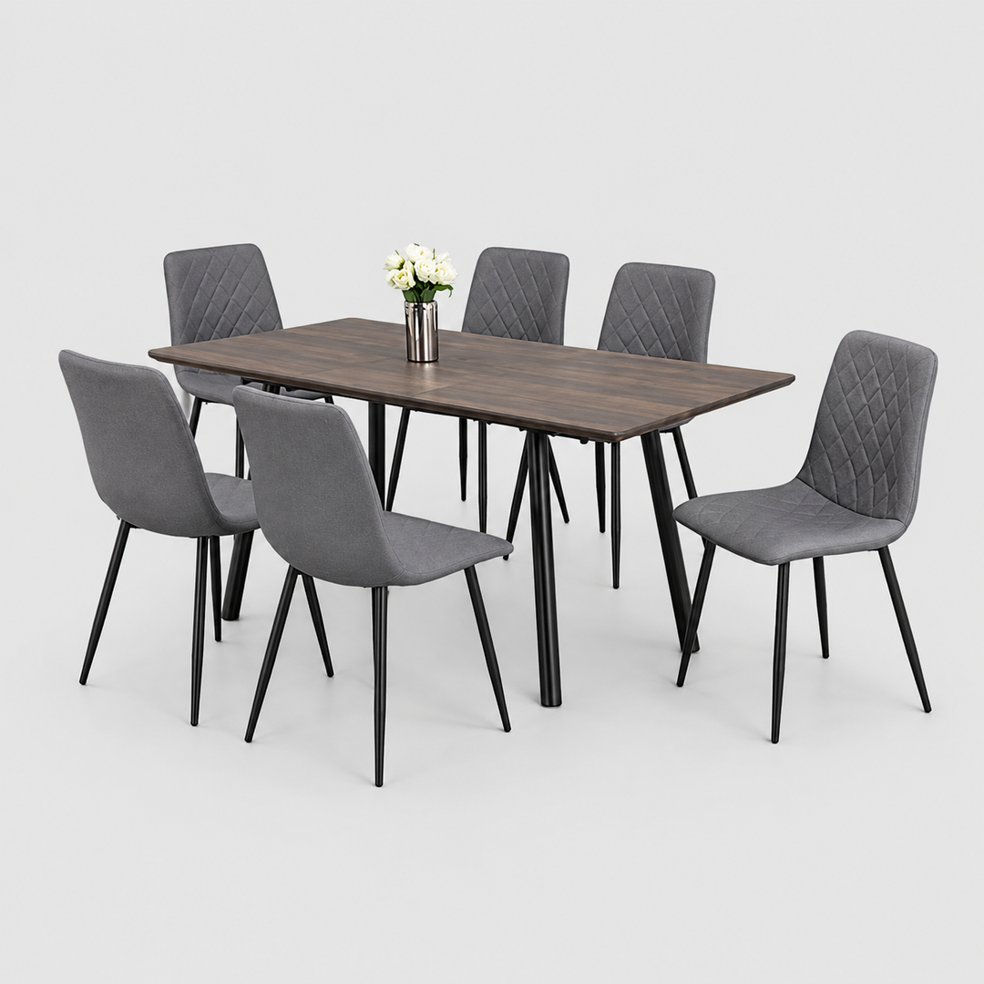 Arlina 7-Piece Dinette Set – Wooden Extension Table with Black Metal Legs & Grey PU Chairs