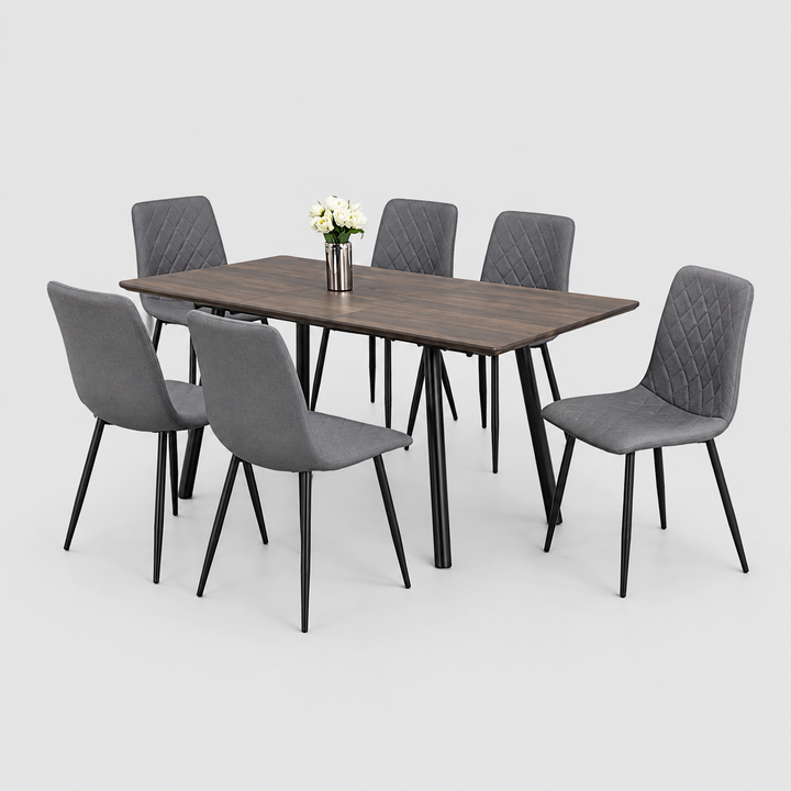 Arlina 7-Piece Dinette Set – Wooden Extension Table with Black Metal Legs & Grey PU Chairs