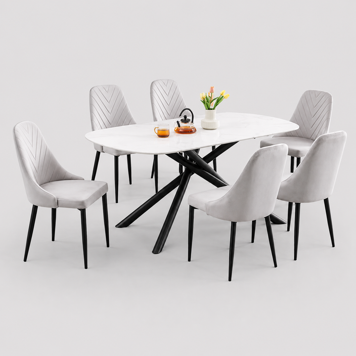 Veltrano 7-Piece Dinette Set – Sintered Stone White Marble Table with Black Steel Legs & Light Grey Velvet Chairs