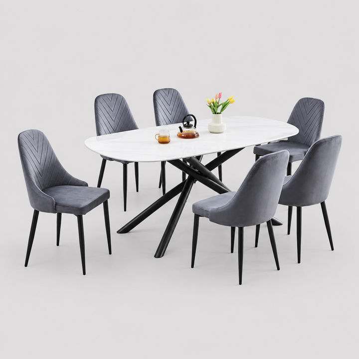 Veltrano 7-Piece Dinette Set – Sintered Stone White Marble Table with Black Steel Legs & Dark Grey Velvet Chairs