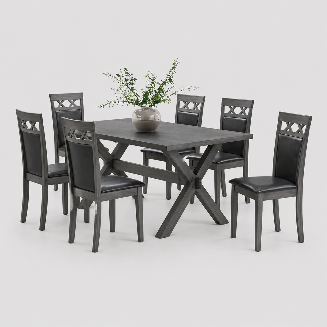 Virello 7-Piece Dining Set – Antique Grey Contemporary Rectangular Table with PU Chairs