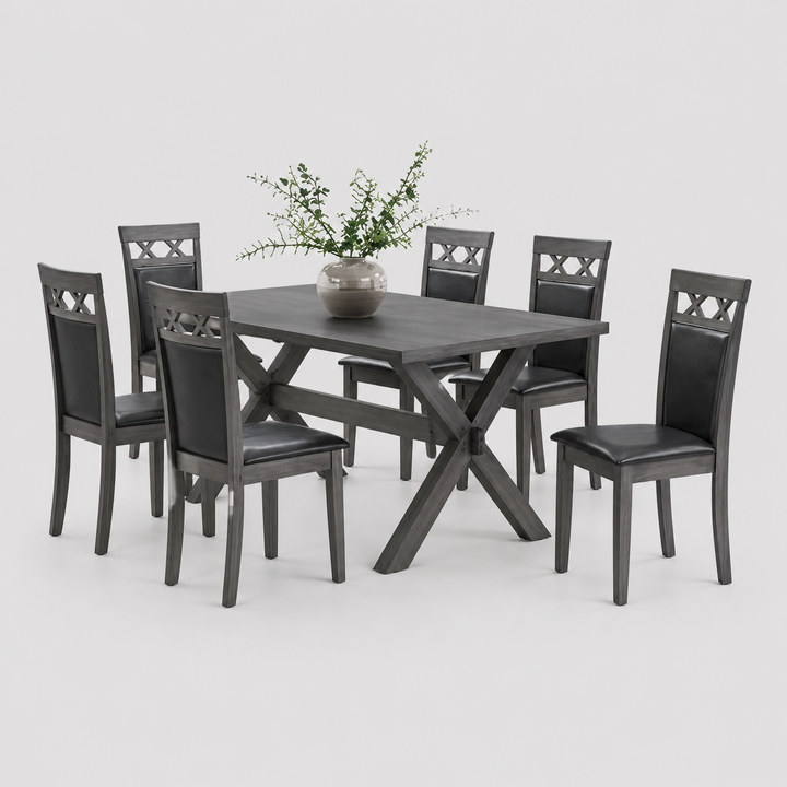 Virello 7-Piece Dining Set – Antique Grey Contemporary Rectangular Table with PU Chairs