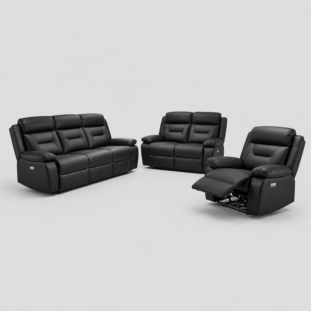 Virellon 3-Piece Power Recliner Set with Black Genuine Leather/Match, USB Ports And Dual Power Recliners