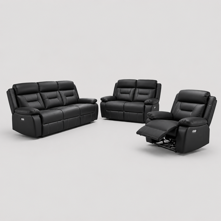 Virellon 3-Piece Power Recliner Set with Black Genuine Leather/Match, USB Ports And Dual Power Recliners