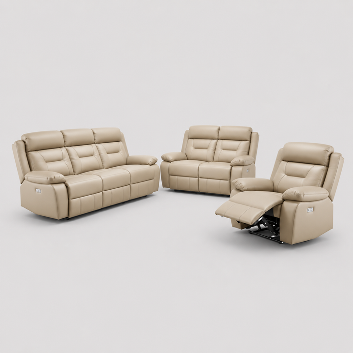 Virellon 3-Piece Power Recliner Set with Beige Genuine Leather/Match, USB Ports &amp; Dual Power Recliners