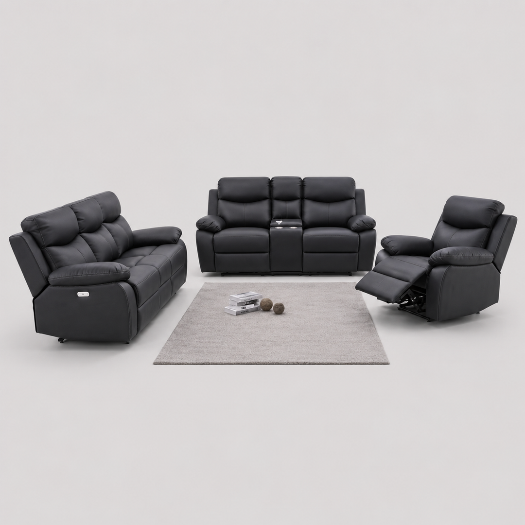Noctivara 3-Piece Power Recliner Set with Black Genuine Leather/Match, USB Ports, Console Storage And Cup Holders