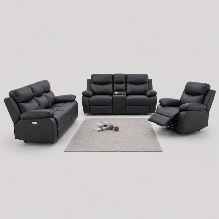 Noctivara 3-Piece Power Recliner Set with Black Genuine Leather/Match, USB Ports, Console Storage And Cup Holders