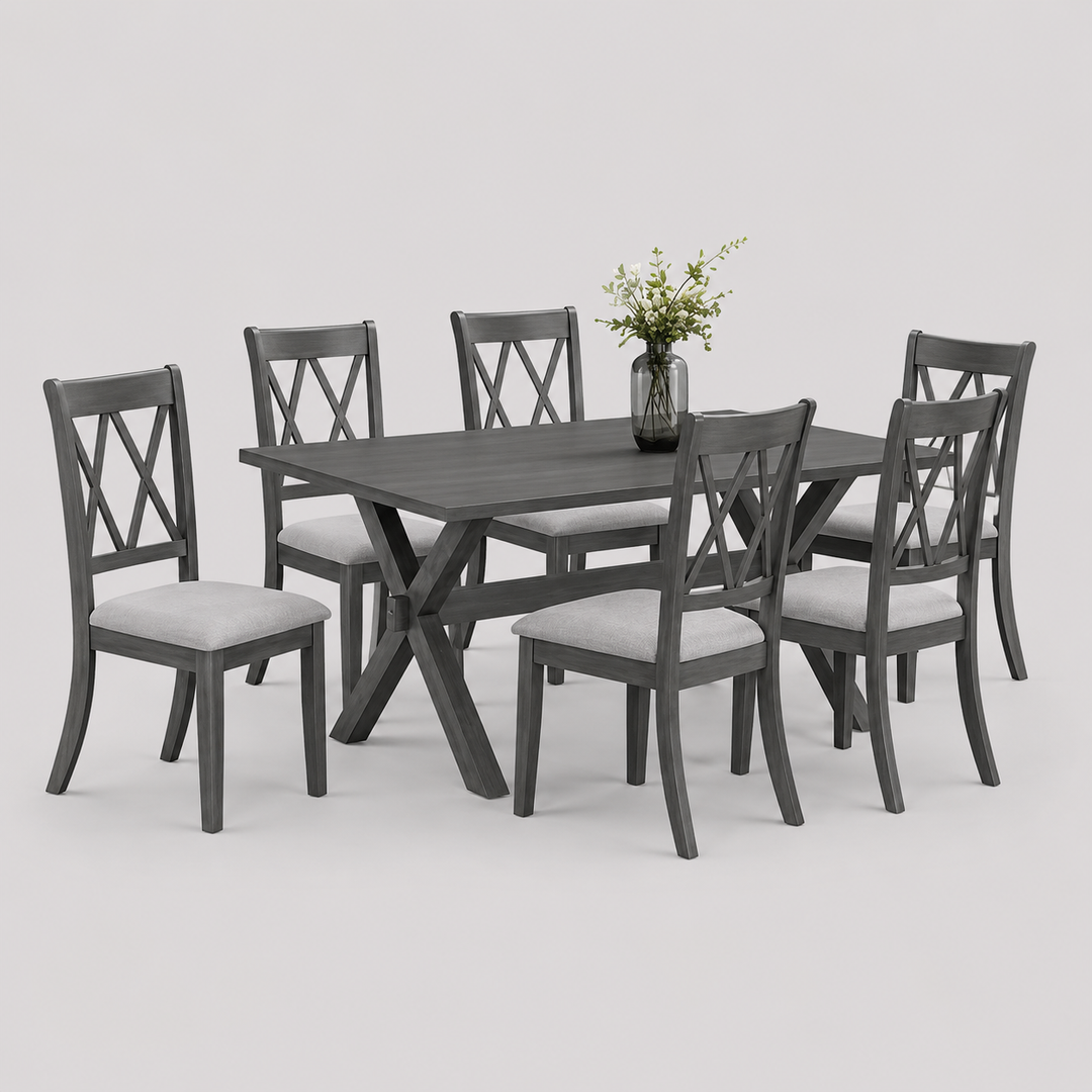 Domera 7-Piece Dining Set – Antique Grey Contemporary Rectangular Table with Fabric Chairs