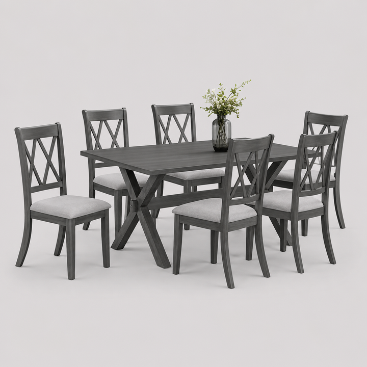 Domera 7-Piece Dining Set – Antique Grey Contemporary Rectangular Table with Fabric Chairs