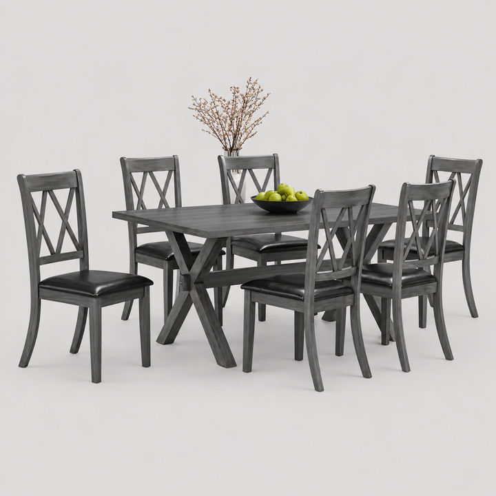 Avirello 7-Piece Dining Set – Antique Grey Contemporary Rectangular Table with PU Cushion Chairs