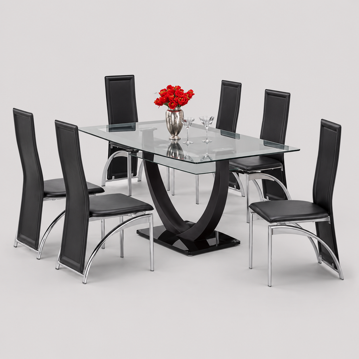 Valtreo 7-Piece Dining Set – Black Tempered Glass Table with Chrome Legs & Black Leather Chairs