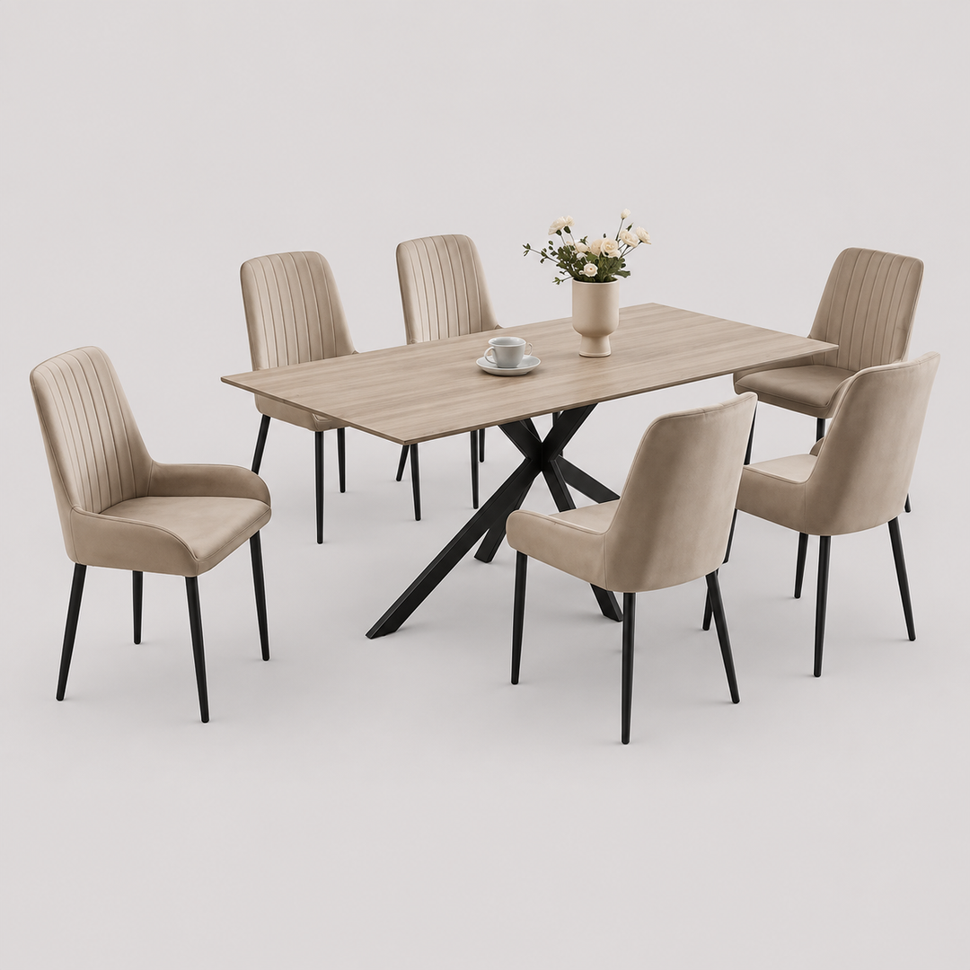 Calviano 7-Piece Dinette Set – Wooden Top Table with Black Steel Legs & Beige Velvet Chairs