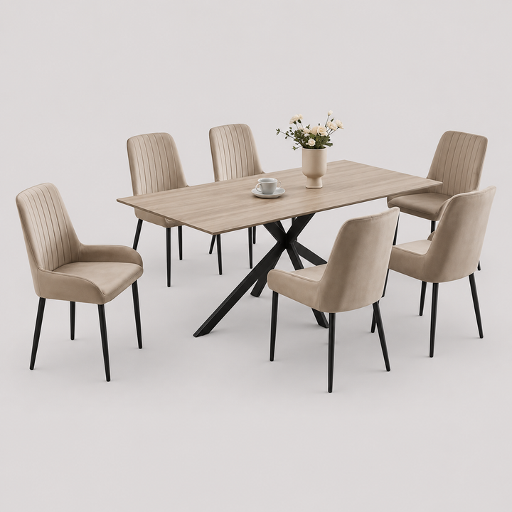 Calviano 7-Piece Dinette Set – Wooden Top Table with Black Steel Legs & Beige Velvet Chairs