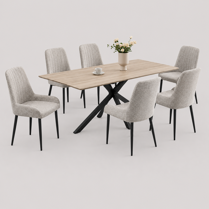 Calviano 7-Piece Dinette Set – Wooden Top Table with Black Steel Legs & Grey/Beige Fabric Chairs