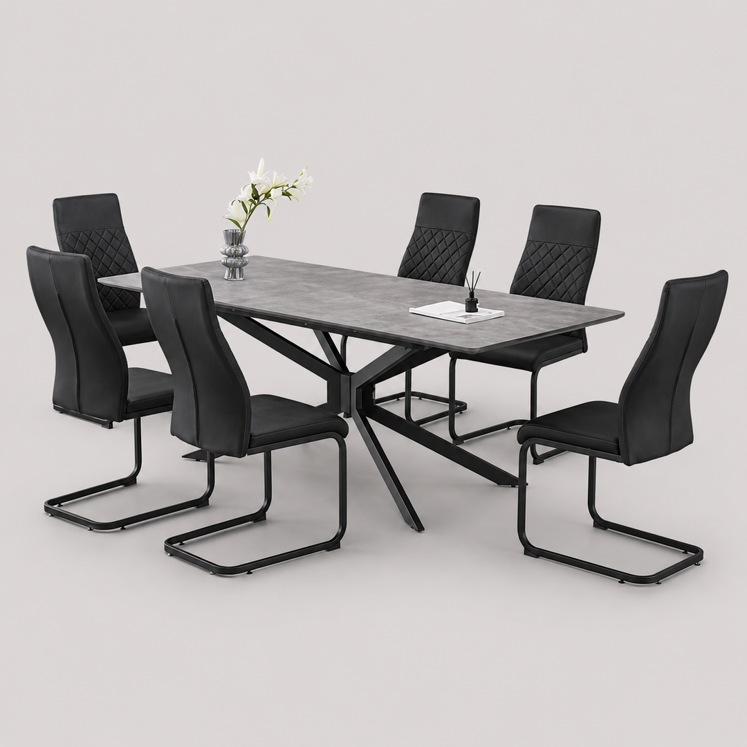 Elviora 7-Piece Dinette Set – Grey Marble Veneer Extension Table with X-Shape Black Steel Base & Black Velvet Chairs
