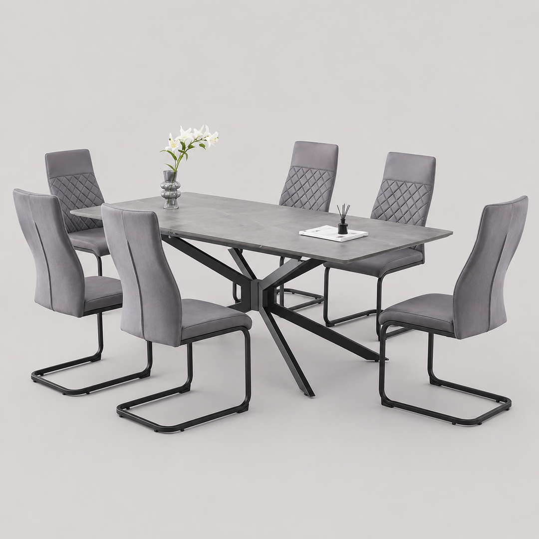 Elviora 7-Piece Dinette Set – Grey Marble Veneer Extension Table with X-Shape Black Steel Base & Soft Grey Velvet Chairs