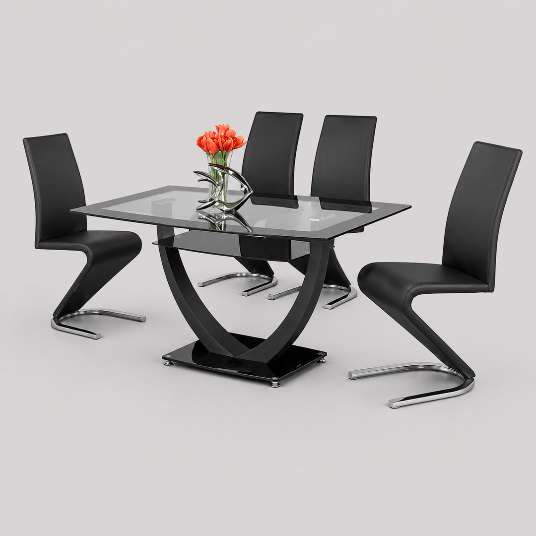 Liorano 5-Piece Dinette Set – Black Trim Glass Table with Metal Base & Z-Shape Black PU Chairs
