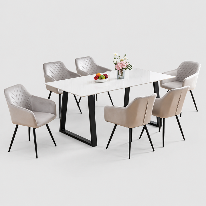 Calvessa 7-Piece Dinette Set – Snowy White Marble Sintered Stone Table with U-Shape Steel Legs & Light Grey Velvet Armrest Chairs