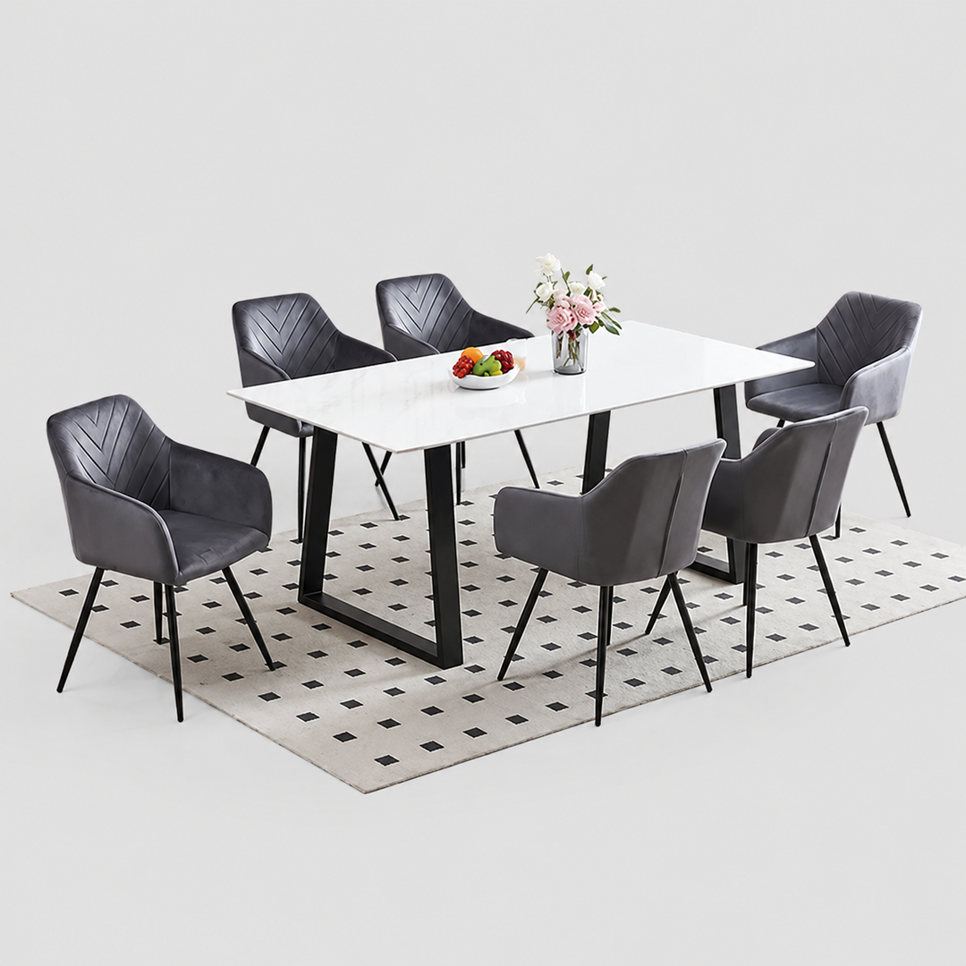 Calvessa 7-Piece Dinette Set – Snowy White Marble Sintered Stone Table with U-Shape Steel Legs & Light Grey Velvet Armrest Chairs