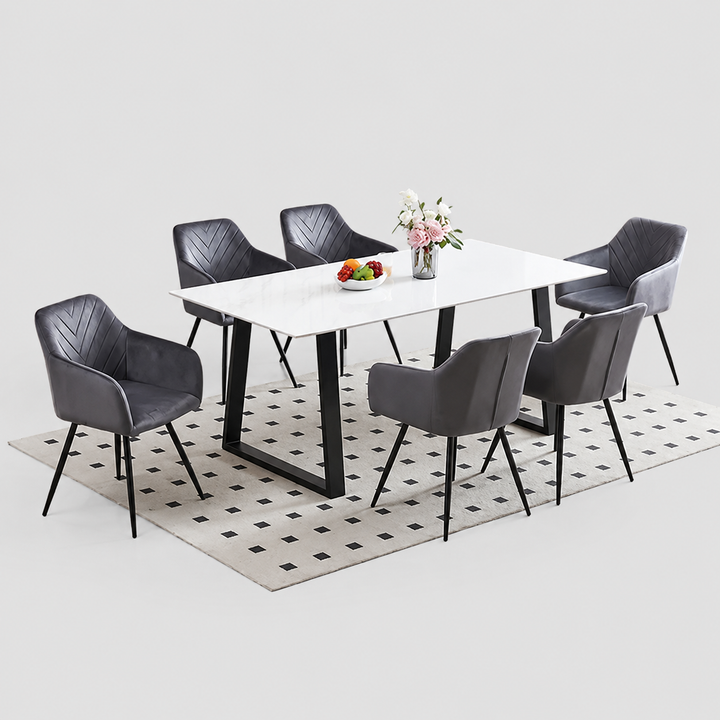Calvessa 7-Piece Dinette Set – Snowy White Marble Sintered Stone Table with U-Shape Steel Legs & Light Grey Velvet Armrest Chairs