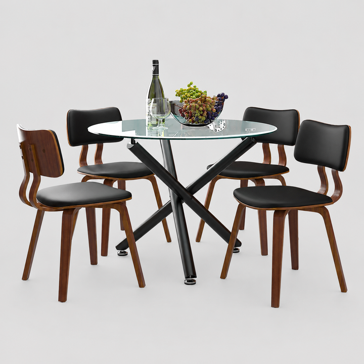 Opal Dining Table Set For 4 With Leather Upholstered Chairs - Walnut/ Black | Mid-Century Modern, Sturdy & Comfortable