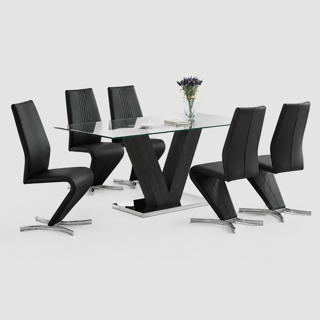Orviano 5-Piece Dining Set – Glass Top Table with V-Shaped Pedestal & Modern Chrome Chairs