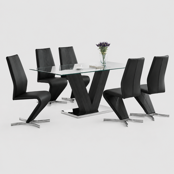 Orviano 5-Piece Dining Set – Glass Top Table with V-Shaped Pedestal & Modern Chrome Chairs