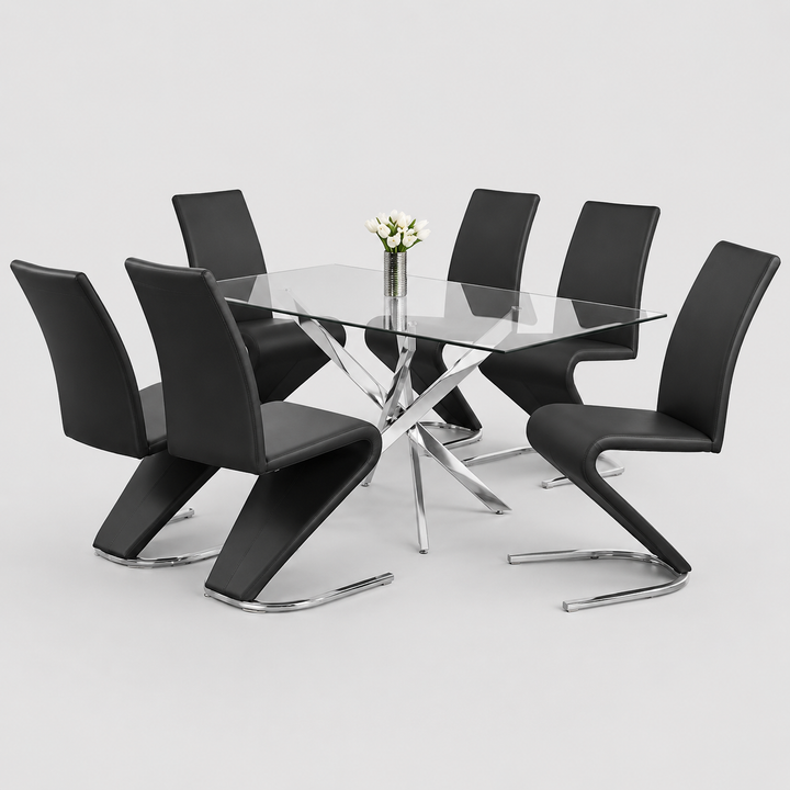 Norvexa 7-Piece Dinette Set – Tempered Clear Glass Table with Chrome Legs & Z-Shaped Black PU Chairs