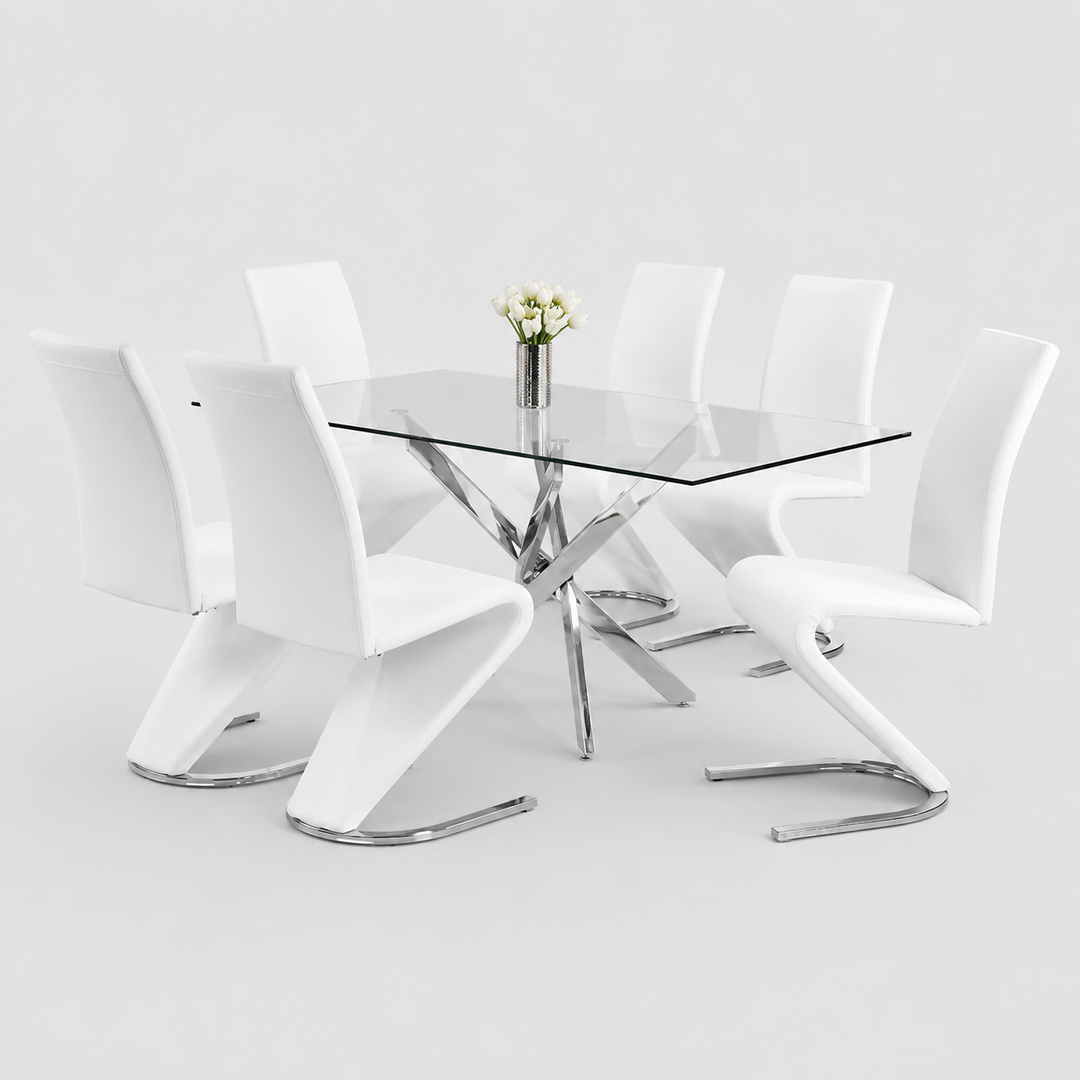 Norvexa 7-Piece Dinette Set – Tempered Clear Glass Table with Chrome Legs & Z-Shaped White PU Chairs