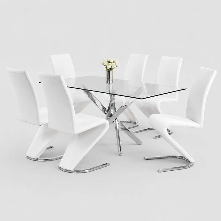 Norvexa 7-Piece Dinette Set – Tempered Clear Glass Table with Chrome Legs & Z-Shaped White PU Chairs