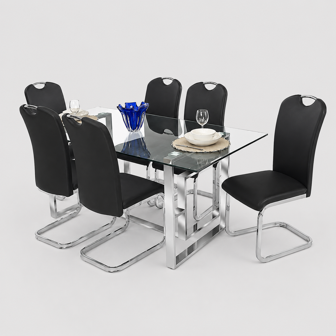 Noir Dining Table Set For 6 With PU Upholstered Chairs - Black/ Chrome | Stylish, Durable & Comfortable