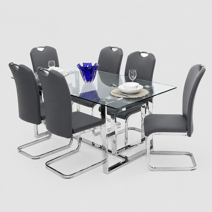 Noir Dining Table Set For 6 With PU Upholstered Chairs - Grey/ Chrome | Stylish, Durable & Comfortable